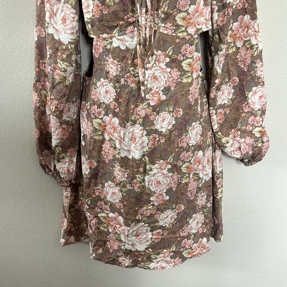 Forever 21 Brown Floral Cut Out Puff Long Sleeve Tie Neck Mini Dress - Picture 9 of 15
